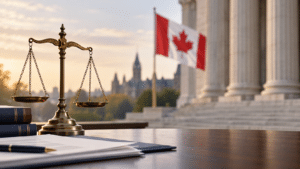 lawyer's desk in front of Canada flag