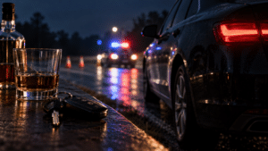 alcohol and car keys beside car with cop sirens on